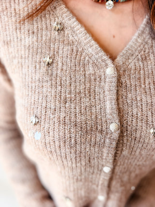 Kiki Taupe Embellished Cardigan by Lucy Paris