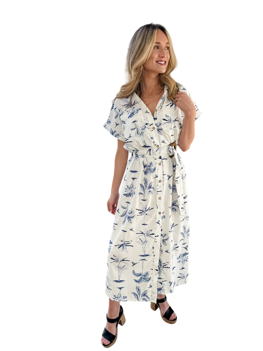 Into the Blue Print Wooden Buckle Shirt Dress