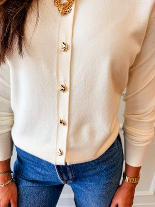 Audrey Gold Button Cardigan - Cream Button-Up Sweater