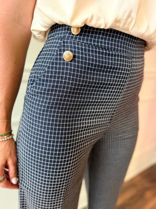 Kensington Navy Grid Wide-Leg Trouser with Gold Button Detail