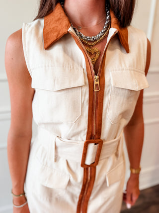 The Sutton: Ivory Linen & Suede Trim Belted Dress