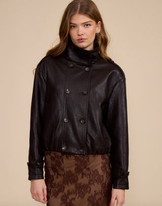 Corina Chocolate Brown Leather Funnel Neck Jacket by Lucy Paris
