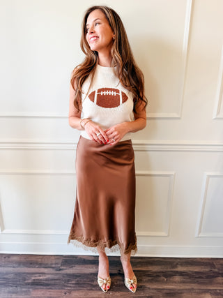 Gilded Hour Mocha Lace Satin Midi Skirt – Chic High-Waist Fit