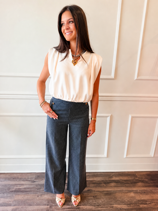 Kensington Navy Grid Wide-Leg Trouser with Gold Button Detail