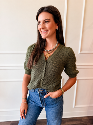 Willow Pointelle Olive Crochet Cardigan by Current Air