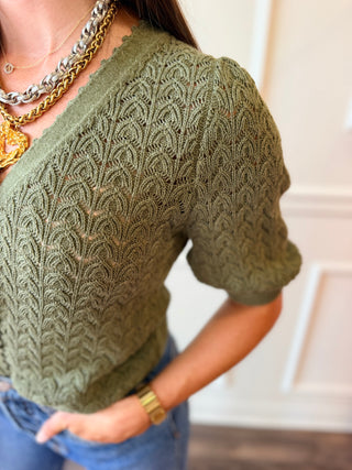 Willow Pointelle Olive Crochet Cardigan by Current Air