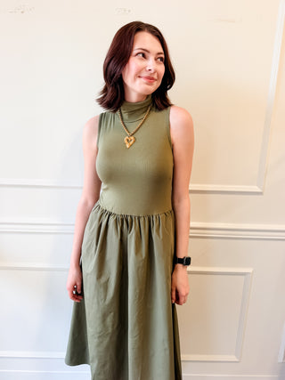The Lennox Mixed-Media Midi Dress – Olive