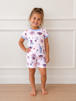 Happy 4th Pink Stripe Pajama Set Kids by Imbali Charleston