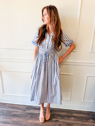 Evette Striped Short Sleeve Midi Dress by Adelyn Rae