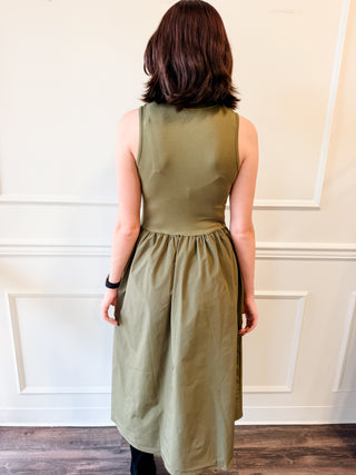 The Lennox Mixed-Media Midi Dress – Olive