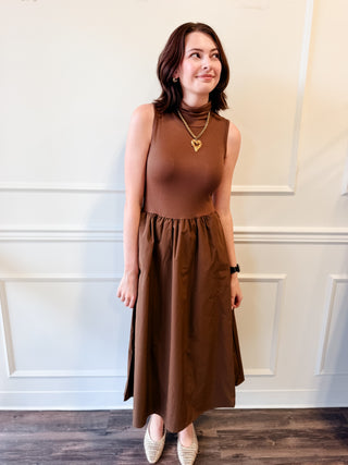 The Lennox Mixed-Media Midi Dress – Chocolate