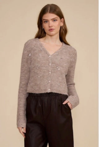 Kiki Taupe Embellished Cardigan by Lucy Paris