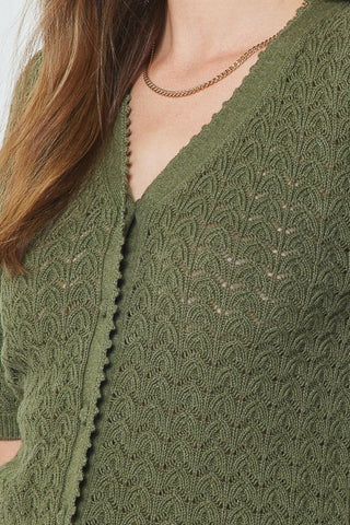 Willow Pointelle Olive Crochet Cardigan by Current Air
