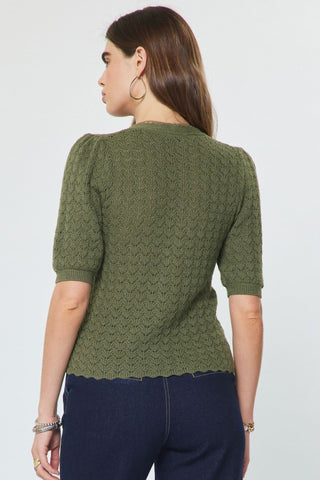 Willow Pointelle Olive Crochet Cardigan by Current Air