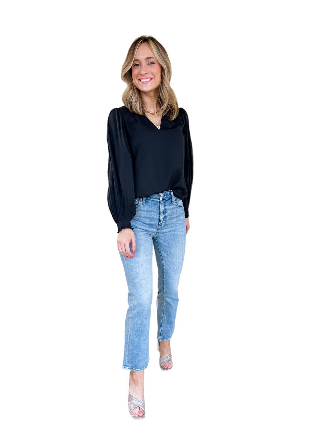 Betsy Pleat Sleeve Black Blouse
